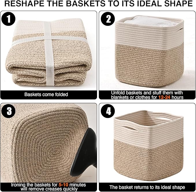 11 Inch Cube Storage Bins, Organizer Woven Cotton Rope Square Baskets for Organizing Shelves, Toys, Nursery, Off White & Brown (Pack of 3)-HomvellaHome