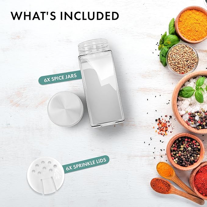 Glass Spice Jars and stainless Steel Lids (6 x 4oz) Spice Containers with Shaker Inserts - Add-On Pack Without Labels or Accessories-HomvellaHome