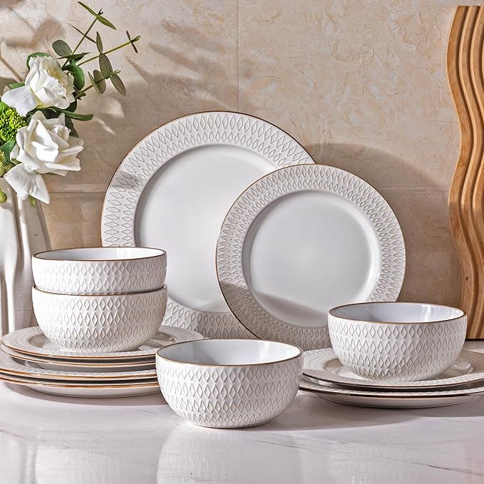 GBHOME Ceramic Dinnerware Sets,12 pcs Embossed Elegant Stoneware Plates and Bowls Sets, Housewarming Wedding Gift | Dishwasher & Microwave Safe | Dishes Set Service for 4-HomvellaHome