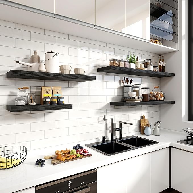 12 Inch Deep Floating Shelves, 24 Inch Long Floating Shelves for Wall, Floating Shelf with Invisible Brackets, Deep Shelves for Bathroom, Bedroom, Living Room, 2 Pack, Black-HomvellaHome