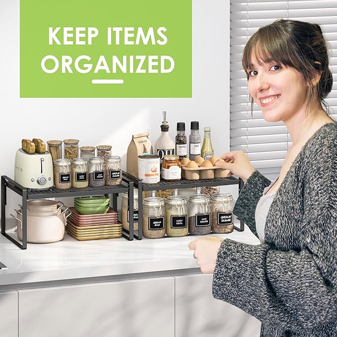 2 Pack Kitchen Countertop Organizer, Stackable Cabinet Shelf Organizer, 2 Tier Adjustable Kitchen Counter Shelves Riser For Pantry Cupboard Bathroom Organization And Storage, Desk Shelf,Spice Rack-HomvellaHome