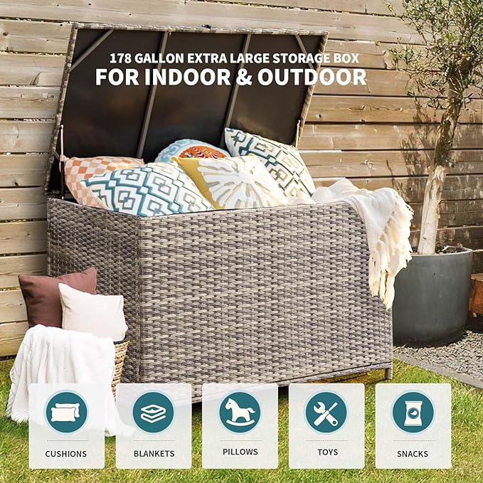 178 Gallon Outdoor Storage Box, Patio Deck Box with 2 Wheels, Handle Large Portable Wicker Rattan Deck Box for Patio Furniture Cushions, Throw Pillows, Garden Tools and Pool Floats (Gray)-HomvellaHome