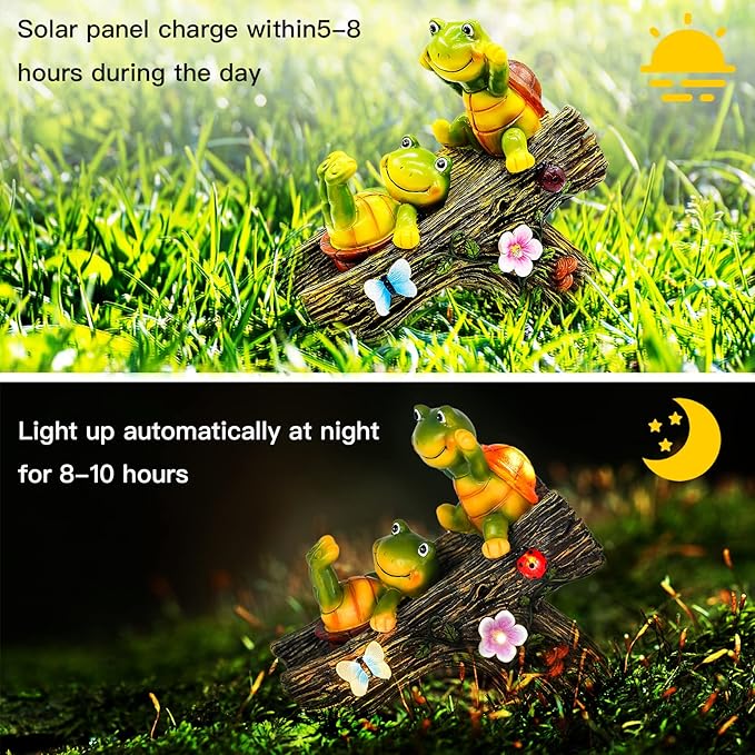 Garden Turtle Figurines Outdoor Decorations, Solar Statue Sweet Frog Face Turtles Decor with 4 LED Lights, Unique Garden Art Resin Statue Gifts for Patio Lawn Porch Yard-HomvellaHome
