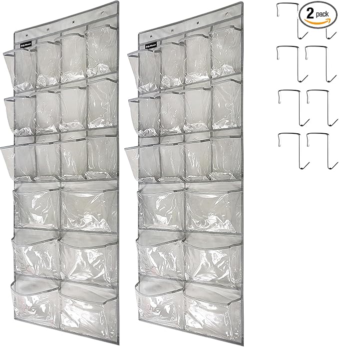 2 Pack Extra Large Hanging Crystal Clear Over Door Shoe Organizers, Closet Shoe Rack Organizer, 12+6 Pockets, 8 Hooks, Grey (59" x 21.6")-HomvellaHome