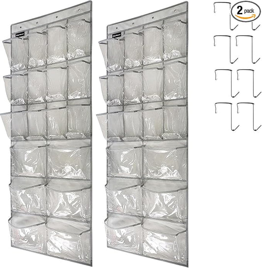 2 Pack Extra Large Hanging Crystal Clear Over Door Shoe Organizers, Closet Shoe Rack Organizer, 12+6 Pockets, 8 Hooks, Grey (59" x 21.6")-HomvellaHome