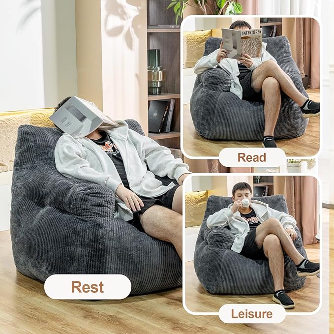 Giant Bean Bag Chair, Faux Fur Large Bean Bag Chair for Adults, Fluffy and Comfy Giant Bean Bag Chair with Filler, Big Bean Bag Sofa Chair for Reading, Gaming, Grey-HomvellaHome