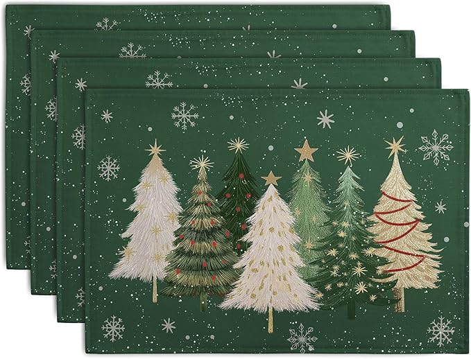 Green Christmas Tree Placemats Set of 4, 12x18 Inch Xmas Trees Snowflakes Winter Holiday Place Mats Seasonal Washable Linen Table Mats for Indoor Outdoor Kitchen Dining Party Décor-HomvellaHome