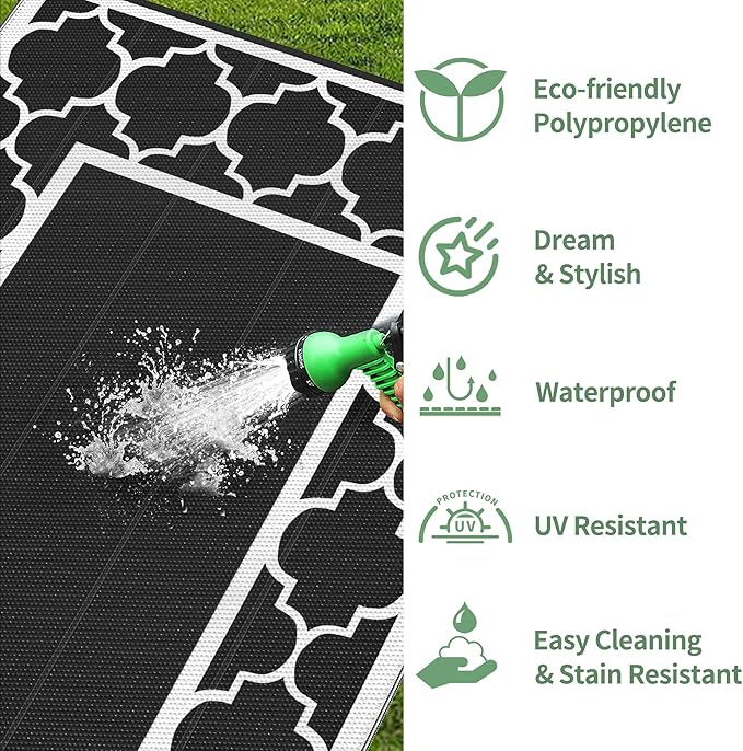 GENIMO 6' x 9' Outdoor Rug Waterproof for Patio Decor, Foldable Reversible Plastic Straw Area Rugs Mat for Camper, Morden Carpet for Outside, Rv, Deck, Porch, Picnic, Beach, Balcony, Black & White-HomvellaHome
