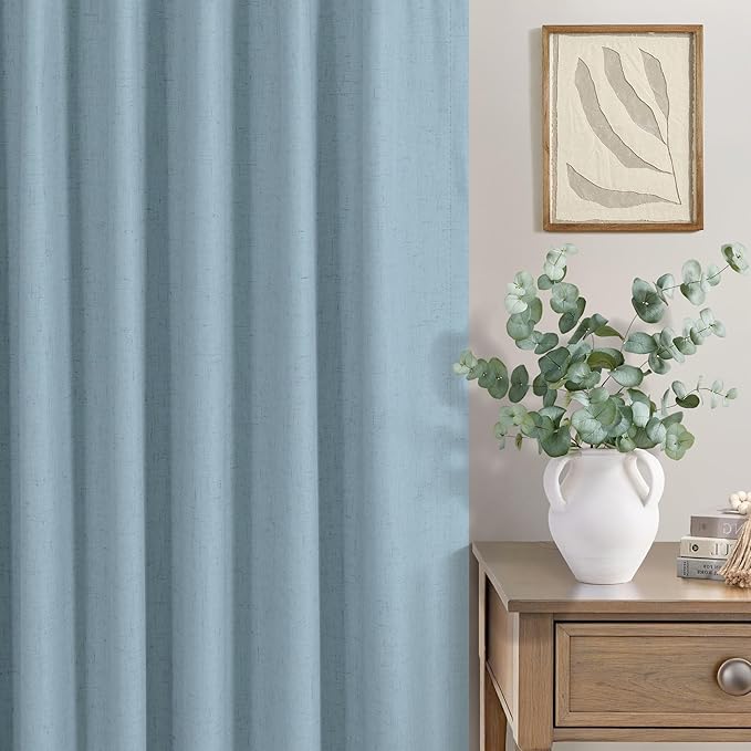 100% Blackout Curtains 90 Inches Long for Living Room 2 Panels Set Light Blocking Heat Darkening Energy Saving Curtain Window Coverings Coastal Beach Linen Farmhouse Drapes Bedroom Stone Blue Chambray-HomvellaHome