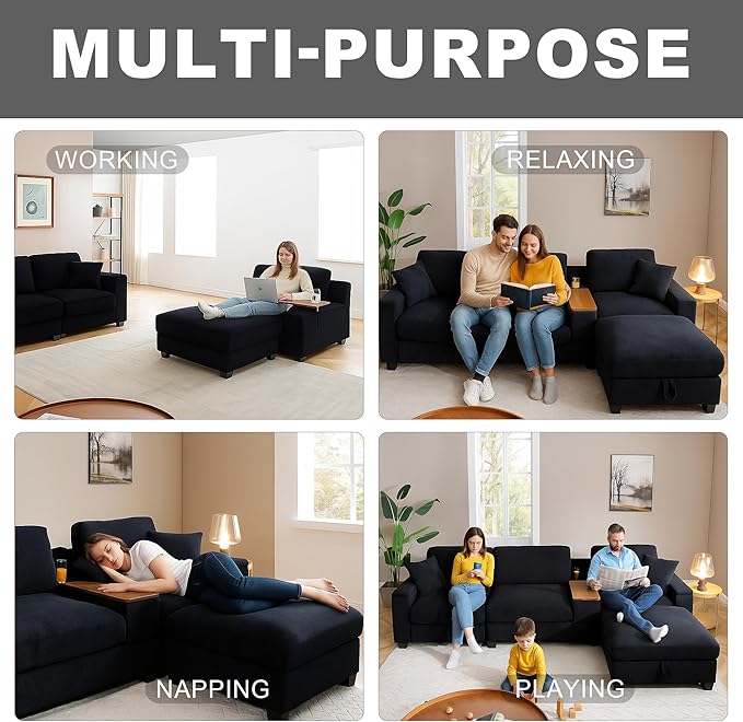 120.3" Modern L-Shaped Sectional Sofa with 360°Swivel Drop-Down Table, Storage Armrest, USB Ports & Movable Storage Ottoman – Plush Linen Cloud Couch for Lounge (Black)-HomvellaHome