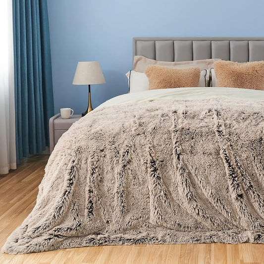 GONAAP Fuzzy Faux Fur Throw Blanket Queen Size Frosty Brown Super Soft Cozy Plush Fuzzy Shaggy Blanket for Couch Sofa Bed (Frosty Brown, Queen(90"x90"))-HomvellaHome