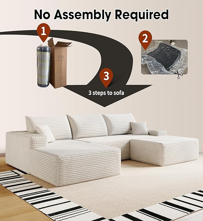 108" Sectional Couches for Living Room Modern Modular Sofa with L-Shape Couchs Upholstered Boneless Couch Deep Seat Sectional Couch with Chaise (White, Left Facing Chaise+2Seaters+1Ottoman)-HomvellaHome