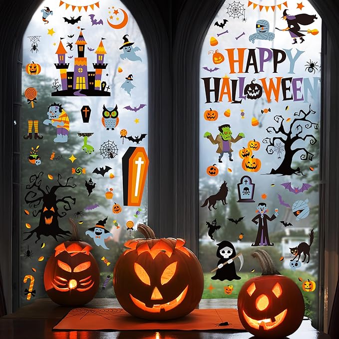 115PCS Halloween Window Clings, 9 Sheets Halloween Decorations, Cute Witch Tree Zombie Ghost Patterns PVC Window Stickers for Treat or Trick Party Favors Decal Supplies Decor Accessories-HomvellaHome