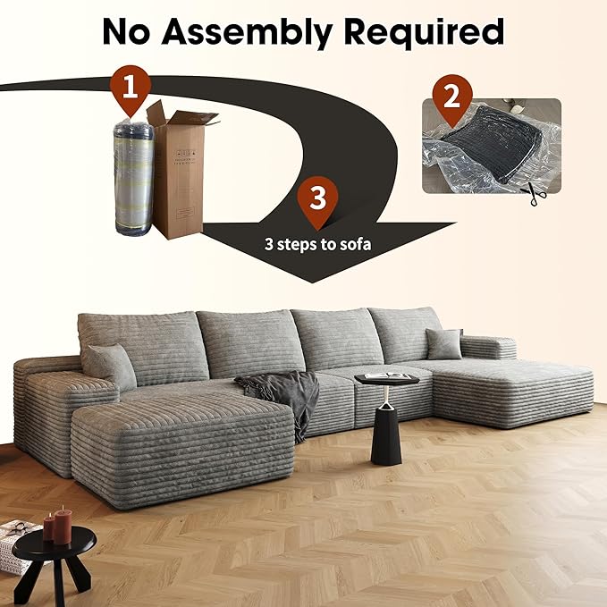 136" Sectional Couches for Living Room Modern Modular Sofa with L-Shape Couchs Upholstered Boneless Couch Deep Seat Sectional Couch with Chaise (Grey, Right Facing Chaise+3Seaters+Ottoman)-HomvellaHome