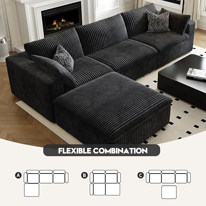 118" Cloud Couch Modular Sectional Sofa for Living Room,Modern Sofa with Deep Seat，L-Shape Boneless Couch with Ottoman,Comfy Upholstered Corduroy Couches for Apartment, Studio, Office,Bedroom，Black-HomvellaHome