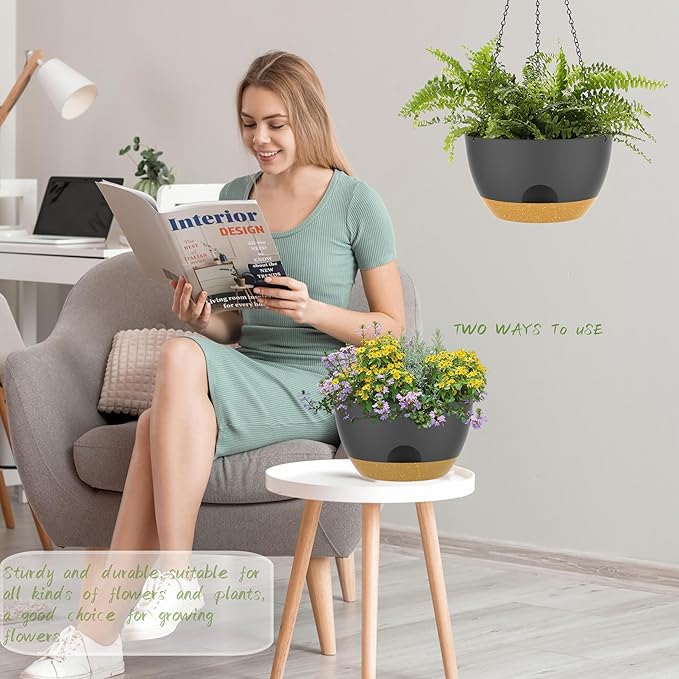 12 Inch Hanging Baskets 2 PC with Chains, Self-Watering Hanging Planters for Indoor Outdoor Plants, Plastic Hanging Flower Pots,Black Brown-HomvellaHome