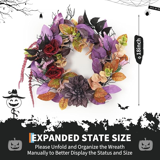GarveeHome 18 Inch Halloween Wreath, Halloween Garland with Artificial Roses & Spiders, Indoor Outdoor Holiday Accent Decoration for Front Door Porch Wall Home Party Window, Red & Purple-HomvellaHome