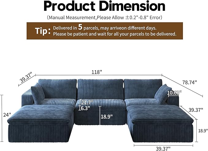 118" U Shaped Modern Sofa Modular Sectional Cloud Couch with 2 Ottoman,Upholstered Couches with Plush Corduroy Fabric for Living Room Furniture,Bedroom and Apartment,No Assembly Required,Blue-HomvellaHome