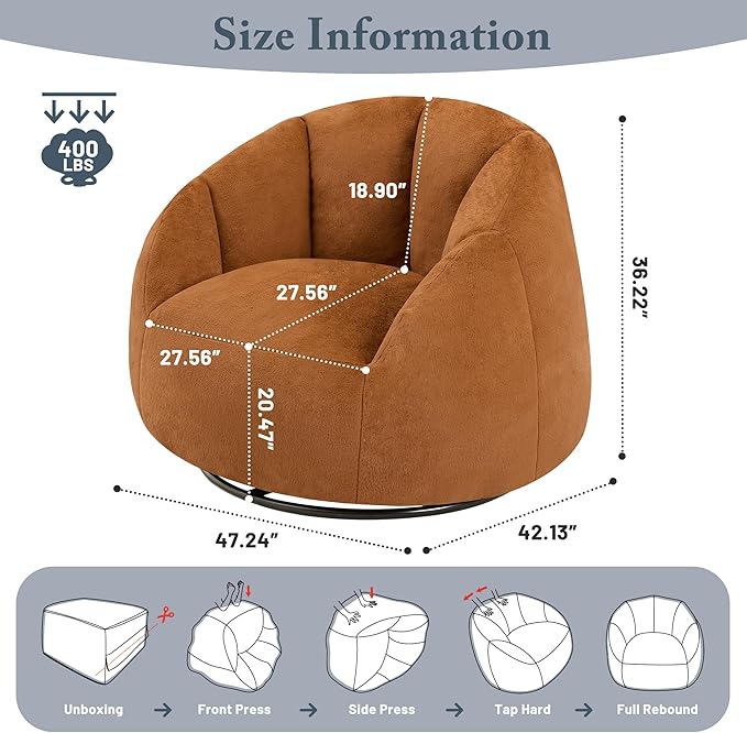 Giant Bean Bag Swivel Chair for Adults - Comfy Plush Round Shell Soft Accent Chair, Oversized Cozy Floor Sofa for Living Room, Bedroom & Game Rooms, Orange-HomvellaHome