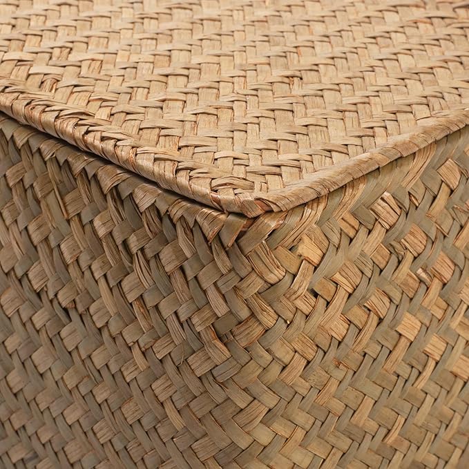 Wicker Basket with Lid, Seagrass Storage Basket, Woven Baskets for Storage, Decorative Storage Baskets for Shelf Organizing, Natural-HomvellaHome