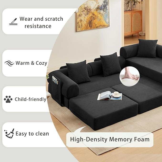 107" Oversized Convertible Sleeper Sofa Bed, Corduroy L Shape Sectional Couch, Folding Sofa Bed with Side Pocket, Modern Cloud Floor Mattress Couch, Modular Sofa for Living Room, Black-HomvellaHome