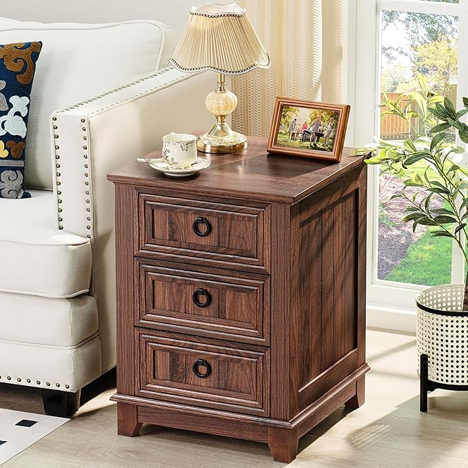 18" Farmhouse Night Stand with 3 Drawers, Wood End Table Dresser for Bedroom, Retro Nightstand, Bed Side Table with Metal Handle, Bedside Cabinet for Bedroom Living Room, Closet-HomvellaHome