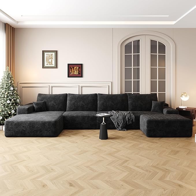 136" Sectional Couches for Living Room Modern Modular Sofa with L-Shape Couchs Upholstered Boneless Couch Deep Seat Sectional Couch with Chaise (Black, Left Facing Chaise+3Seaters+Ottoman)-HomvellaHome