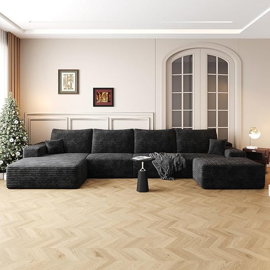 136" Sectional Couches for Living Room Modern Modular Sofa with L-Shape Couchs Upholstered Boneless Couch Deep Seat Sectional Couch with Chaise (Black, Left Facing Chaise+3Seaters+Ottoman)-HomvellaHome
