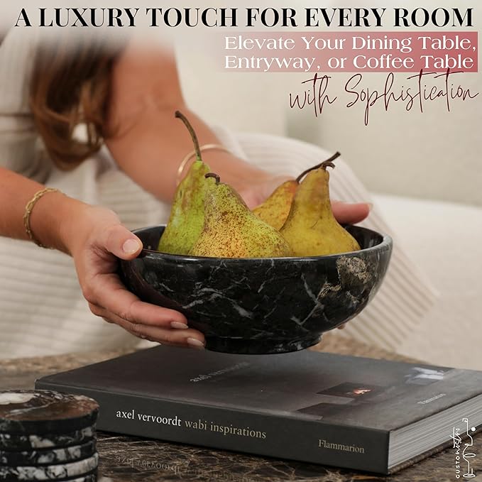 Gusto Nostro 8" Luxury Black Marble Decorative Bowl for Coffee Table - Elegant Modern Fruit Bowl for Kitchen Counter - Heavy Stone Entryway Catch all for Keys, Jewelry, Potpourri Holder Centerpiece-HomvellaHome