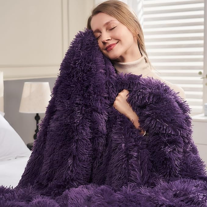 GONAAP Fuzzy Faux Fur Throw Blanket Queen Size Purple Super Soft Cozy Plush Fuzzy Shaggy Blanket for Couch Sofa Bed (Purple, Queen(90"x90"))-HomvellaHome