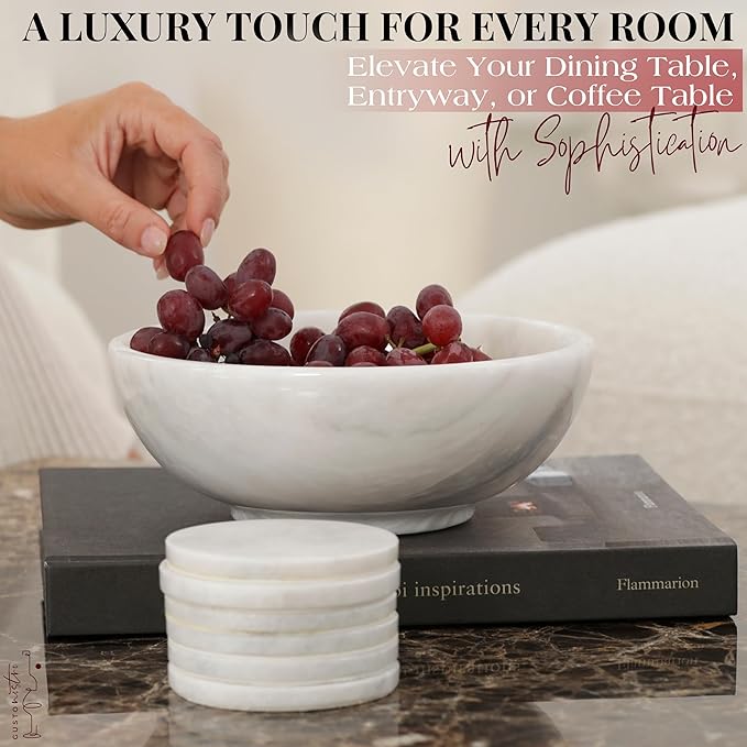 Gusto Nostro 8" Luxury White Marble Decorative Bowl for Coffee Table - Elegant Modern Fruit Bowl for Kitchen Counter - Heavy Stone Entryway Catch all for Keys, Jewelry, Potpourri Holder - Medium Size-HomvellaHome