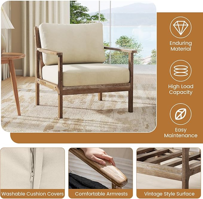 Giantex Mid Century Modern Accent Chair Set of 2, Wooden Arm Chair w/Solid Wood Frame, Removable Seat Cushion & Pillow, Vintage Comfy Reading Chair for Living Room, Bedroom, Study-HomvellaHome