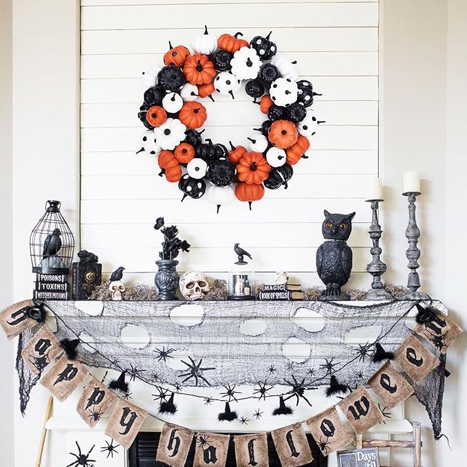 GarveeHome Halloween Pumpkin Wreath for Front Door, 18 Inch Fall Farmhouse Wreath with Orange, Black and White Pumpkins, Rattan Bottom Halloween Indoor Outdoor Home Party Decor-HomvellaHome