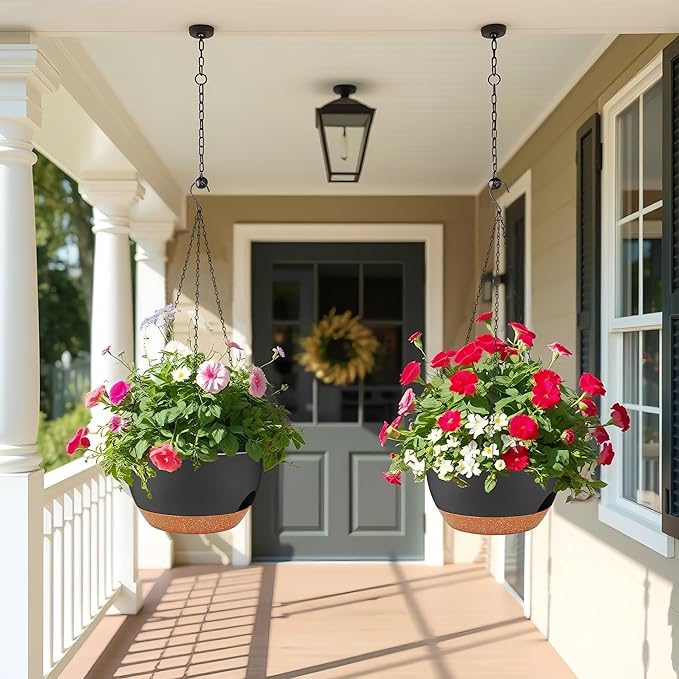2 Pack 12 Inch Large Hanging Planters with Chains Self Watering Black Brown Plastic Hanging Pots for Indoor Outdoor Plants, Garden Porch Home Decor，Black Brown-HomvellaHome