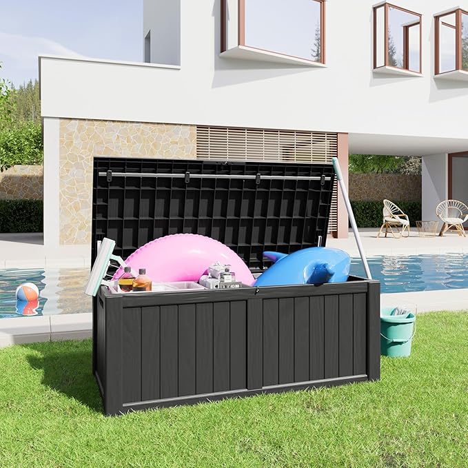 120 Gallon Resin Deck Box, Lockable Patio Outdoor Storage Box for Furniture, Garden Tools and Tools Storage, Waterproof Outside Storage Boxes - Black-HomvellaHome