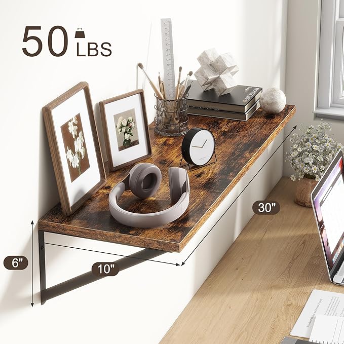 10 Inch Deep Floating Shelves, Floating Shelves 30 Inch Long, Rustic Wood Wall Shelves 30"W x 10"D, Deep Floating Shelf with Bracket, Wide Storage Shelves for Living Room, Bathroom, Rustic Brown-HomvellaHome