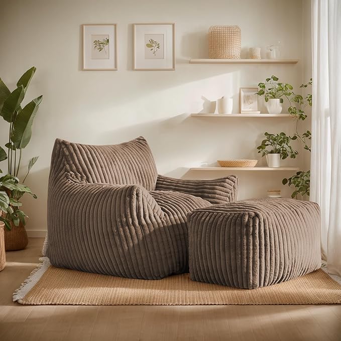 Giant Bean Bag Chairs for Adults, Oversized Chaise Lounge Chair Indoor with Memory Foam - Plush Boneless Lounger & Ottoman for Bedroom, Living Room, Gaming & Reading, Lazy Floor Sofa Chair, Khaki-HomvellaHome