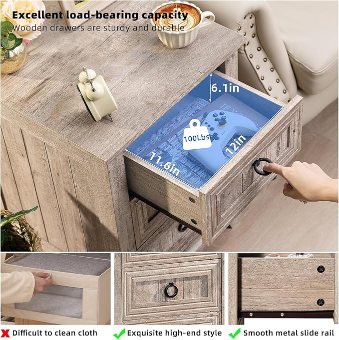 18" Farmhouse Night Stands Set of 2 with Charging Station, 2 & 3 Drawers End Table Dresser for Bedroom, Oak Wooden Nightstand, Bed Side Table with Open Shelf, Bedside Cabinet for Living Room-HomvellaHome