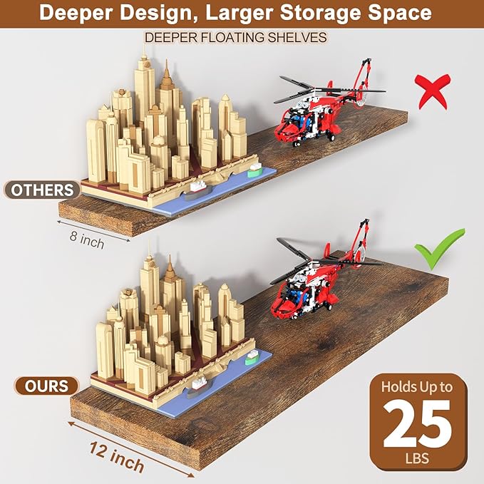 12 Inch Deep Floating Shelves for Wall 2 Pack Floating Shelves Large Storage Space Wall Mount Shelf for Living Room Kitchen Bathroom 30" W x 12" D x 1.2" H Rustic Brown-HomvellaHome