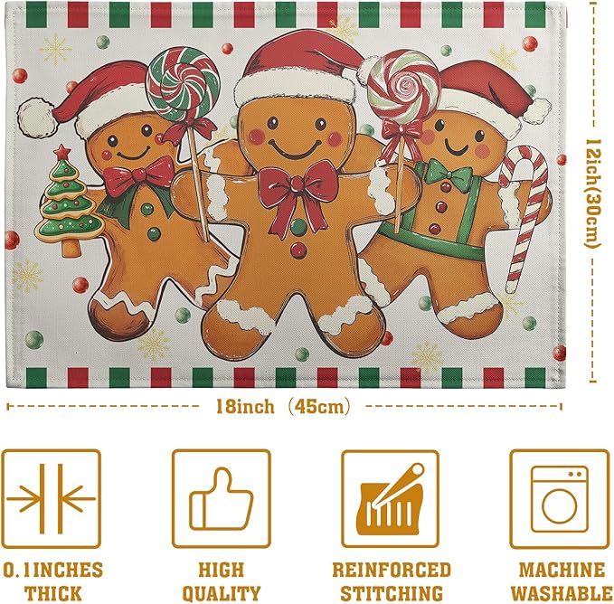 Gingerbread Man Christmas Placemats Set of 4 Candy Cane Xmas Seasonal Holiday Linen Table Mats Red Green Orange Winter Washable Place Mats for Party Kitchen Dining Outdoor Indoor Decor-HomvellaHome
