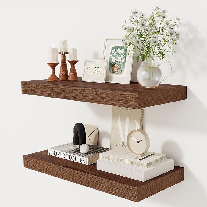 12 Inch Deep Floating Shelves, 24 x 12 Floating Shelf for Books, Rustic Wood Deep Wall Shelves for Home Storage & Display, 2" Thicked Shelves for Kitchen, Living Room, Bedroom, Walnut Color, 2 Pack-HomvellaHome