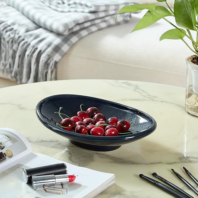 Oval Ceramic Decorative Bowl, Key Dish for Entryway Table, Small Home Decor Accent, Trinket Tray for Office Home Decor Gift (10'' Starrysky Blue with Glaze Layer)-HomvellaHome