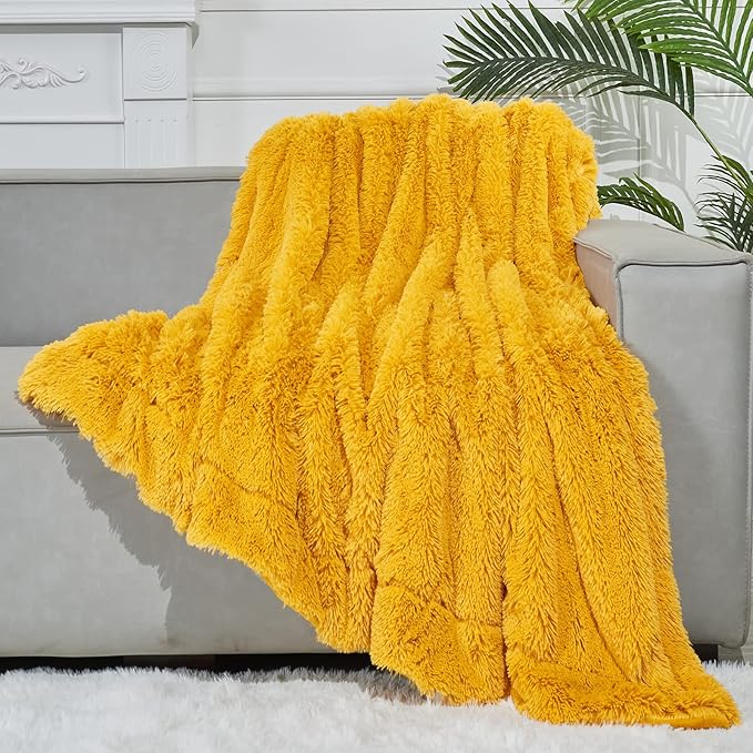 GONAAP Fuzzy Faux Fur Throw Blanket Mustard Yellow Super Soft Cozy Plush Fuzzy Shaggy Blanket for Couch Sofa Bed (Mustard Yellow, Throw(50"x60"))-HomvellaHome