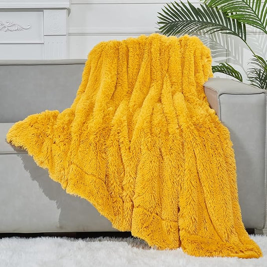 GONAAP Fuzzy Faux Fur Throw Blanket Mustard Yellow Super Soft Cozy Plush Fuzzy Shaggy Blanket for Couch Sofa Bed (Mustard Yellow, Throw(50"x60"))-HomvellaHome