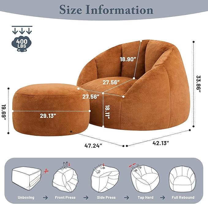 Giant Bean Bag Chaise Lounge Indoor Chair for Adults - Comfy Plush Round Shell Soft Accent Chair, Oversized Cozy Floor Sofa for Living Room, Bedroom & Game Rooms, Orange-HomvellaHome