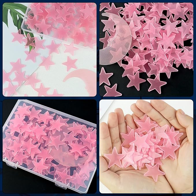 100 Stars and 1 Moon Glow in The Dark Luminous Fluorescent 3D Plastic Glow Stars Moon for Ceiling, Glowing Wall Stickers Create a Realistic Starry Sky, Room Decorations (Pink)-HomvellaHome