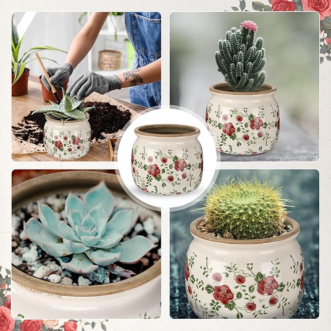 1 Pcs Vintage Planter Large Ceramic Plants Pot Red Plum Crack Cottage Scroll Vase Flower Vase Pot Indoor Plants Home Kitchen Decor Farmhouse Antique Decorative Gift-HomvellaHome