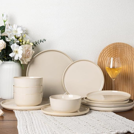 GBHOME Ceramic Dinnerware Sets for 4, 12 Pieces Stoneware Plates and Bowls Sets, Scratch Resistant Dishes, Dishwasher & Microwave Safe, Reactive Glaze-Vanilla color-HomvellaHome