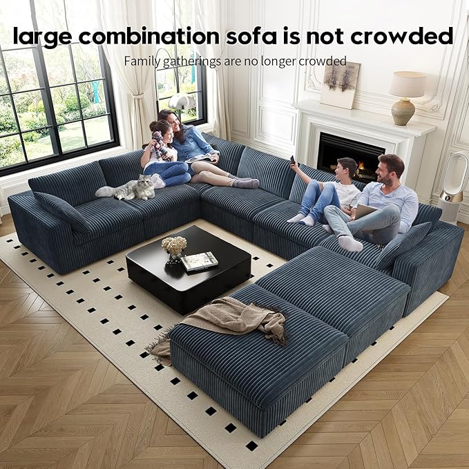 157.5" Cloud Couch Oversized Modular Sectional Sofa for Living Room,Modern Sofa with Deep Seat，8 Seater Boneless Couch with 2 Ottoman,Comfy Upholstered Couches for Apartment, Studio, Office,Blue-HomvellaHome