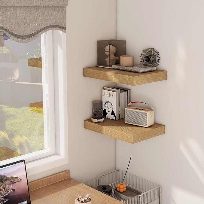 12 Inch Deep Floating Shelves, 16 x 12 Floating Shelf for Books, Rustic Wood Deep Wall Shelves for Home Storage & Display, 2" Thicked Shelves for Kitchen, Living Room, Bedroom, Oak Color, 2 Pack-HomvellaHome